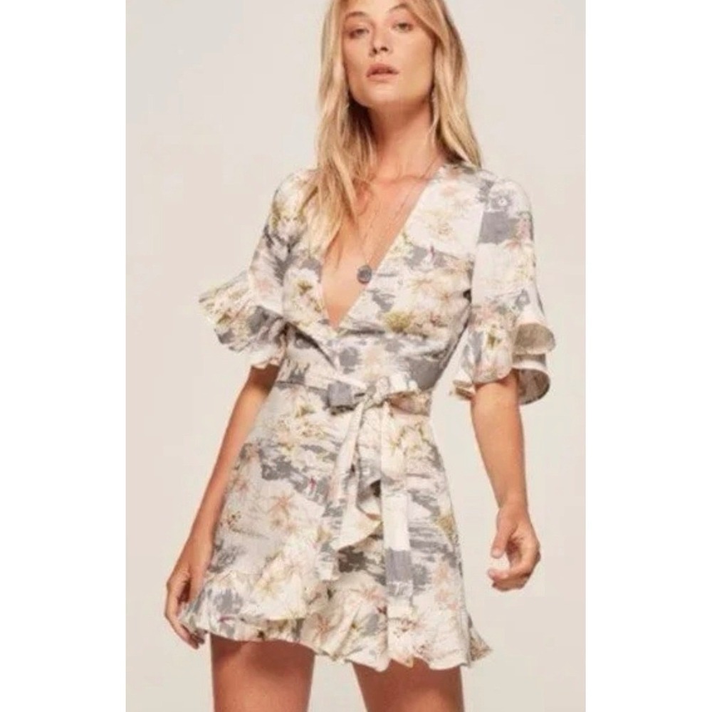 Reformation Kelsey Linen Wrap Mini Dress Long Beach Print Size XS MSRP $178